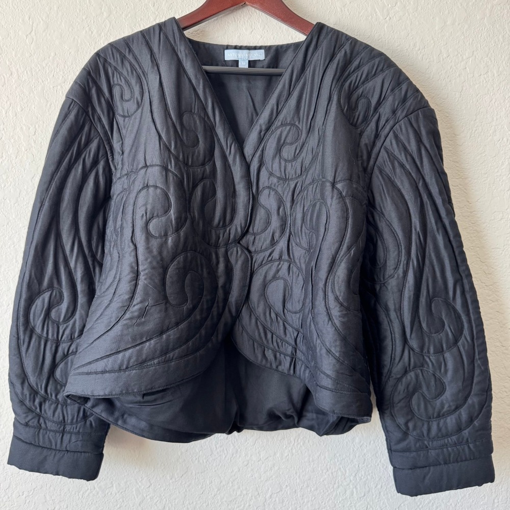 Antonio Melani Black Quilted Swirl Embroidered Scalloped Snap Front Jacket M